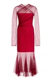 Nensi Dojaka Draped Tulle Midi Dress In Red