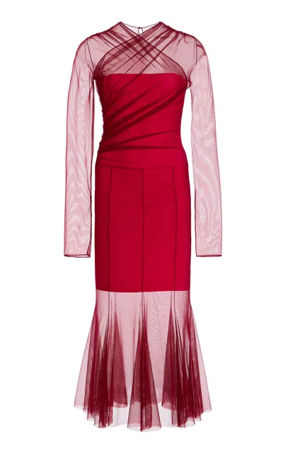 Nensi Dojaka Draped Tulle Midi Dress In Red