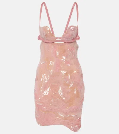 Nensi Dojaka Heartbeat Hand-embroidered Mini Dress In Pink