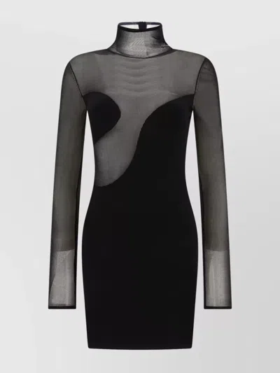 Nensi Dojaka High Neckline Sheer Panels Long Sleeves Dress In Black