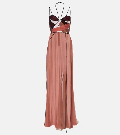 Nensi Dojaka Mae Cutout Draped Tulle-trimmed Silk-chiffon Gown In Brown