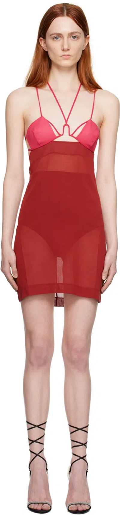 Nensi Dojaka Pink & Brown Sheer Minidress In Burnt Tangerine And Hot Pink