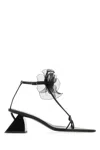 Nensi Dojaka Point Toe Soft Leather T-strap Sandals With Flower Applicati In Black