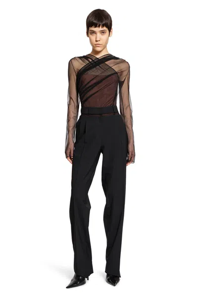 Nensi Dojaka Semi-sheer Gathered Long Sleeves Bodysuit In Black