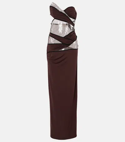 Nensi Dojaka Sequined Draped Gown In Puce / Mocha