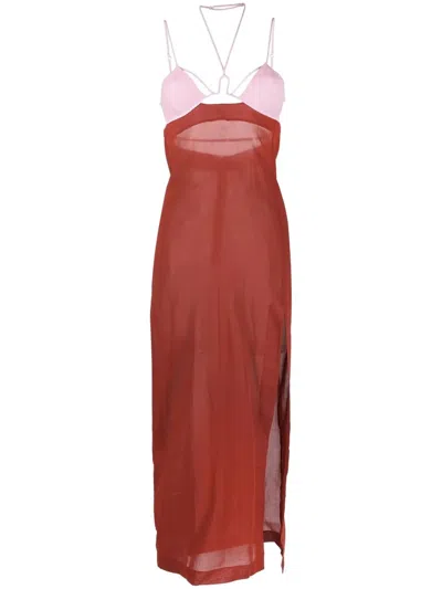 Nensi Dojaka U Wire Bra Sheer Halterneck Long Dress In Tangerine/lilac