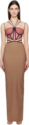 Nensi Dojaka Tan & Pink Leila Signature Corset Maxi Dress In Macchiato / Burgundy