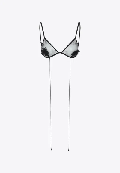 Nensi Dojaka Triangle Mesh Bra Top With Flower Applique In Black