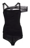 Nensi Dojaka Tulle-detailed Ruched Jersey Bodysuit In Black
