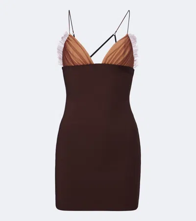 Nensi Dojaka Tulle-trimmed Ruched Jersey Minidress In Brown