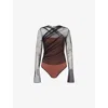 Nensi Dojaka Womens Black Brown Draped Long-sleeves Stretch-wove Bodysuit In Brown