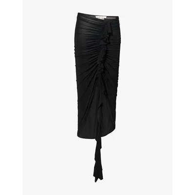 Nensi Dojaka Womens Black Frilled-trim Asymmetric-hem Stretch-jersey Midi Skirt