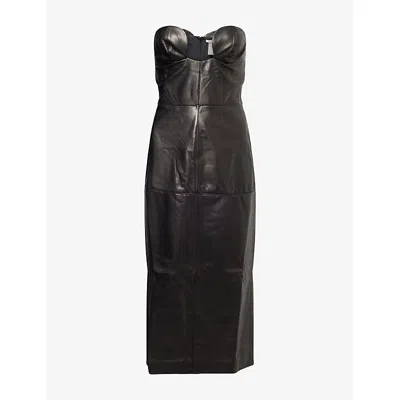 Nensi Dojaka Womens Black Strapless Corset Leather Midi Dress