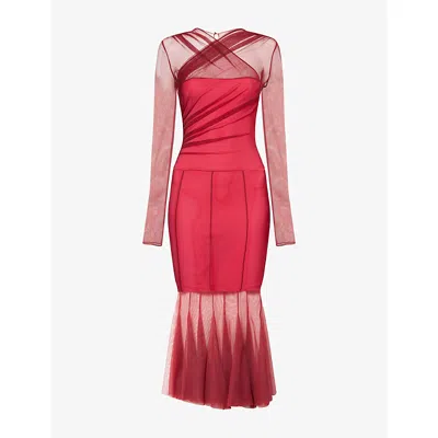 Nensi Dojaka Womens Burgundy Long-sleeve Gathered Mesh Woven Midi Dress In Red