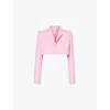 NENSI DOJAKA WOMENS PINK PADDED-SHOULDER CROPPED STRETCH-WOVEN BLEND BLAZER