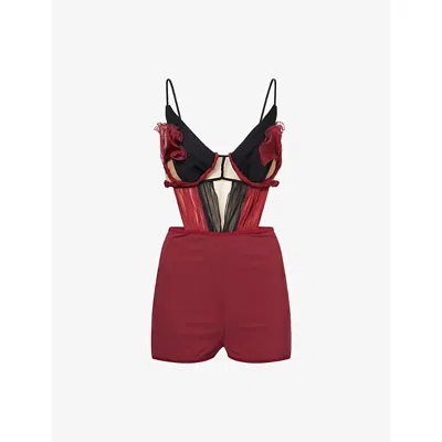 Nensi Dojaka Womens  Petal Open-back Silk Playsuit In Black / Burgundy