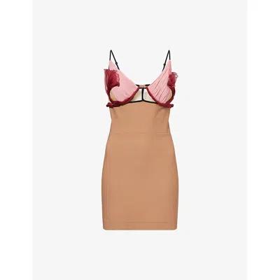 Nensi Dojaka Womens  Petal Shoulder-straps Stretch-woven Mini Dress In Macchiato / Damask Rose