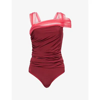 Nensi Dojaka Womens Burgundy Fuchsia Ruched Mesh-shoulder-straps Woven Bodysuit In Red