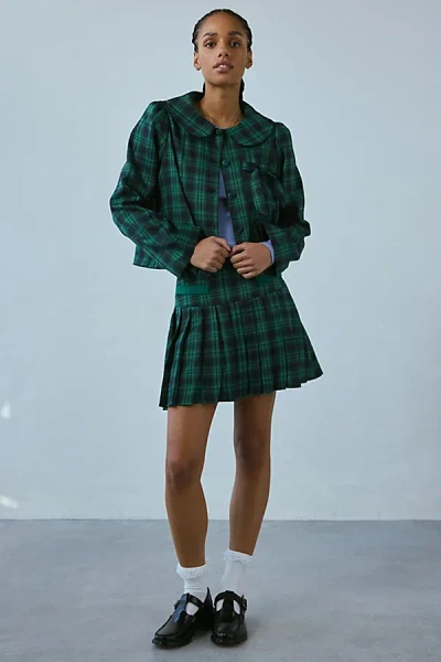 Neon Rose Macy Plaid Tartan Cropped Jacket In Blue Green Plaid, Women's At Urban Outfitters