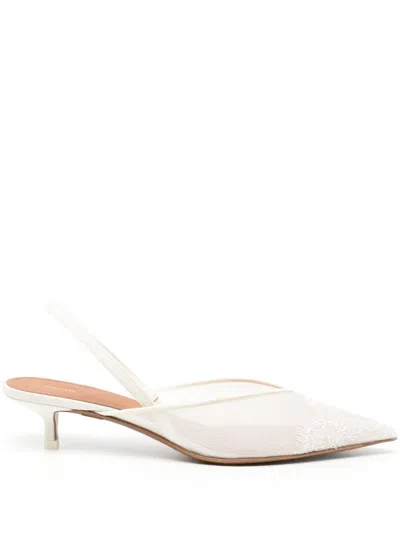 Neous Irena Satin And Lace-trimmed Mesh Slingback Pumps In White