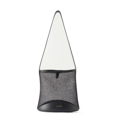 Neous Pardalis Leather-trimmed Mesh Bucket Shoulder Bag In Black