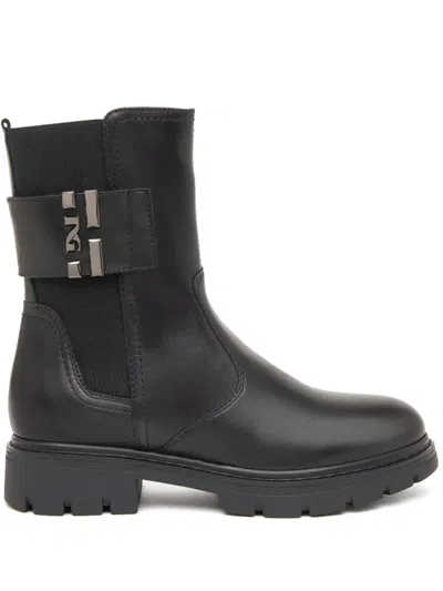 Nerogiardini Leather Logo-strap Chelsea Booties In Black