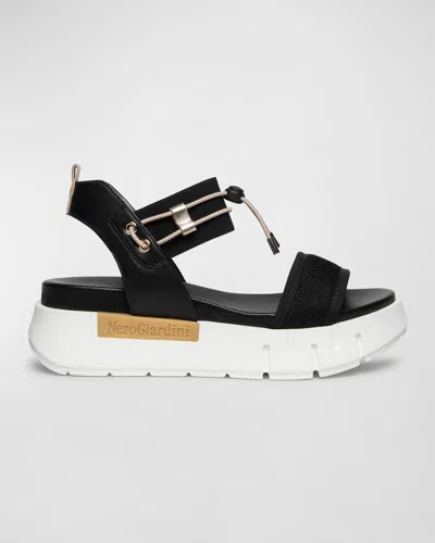 Nerogiardini Bungee Leather Flatform Sandals In Black