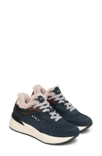 Nerogiardini Faux Fur Platform Sneaker In Navy