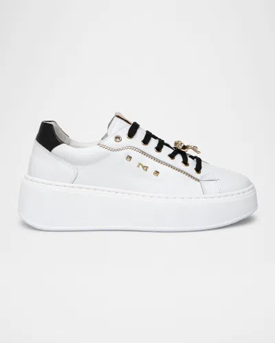 Nerogiardini Gems Mixed Leather Bow Skater Sneakers In White