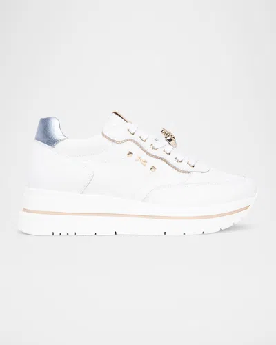Nerogiardini Leather Jeweled Low-top Sneakers In White/platino