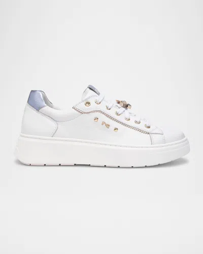Nerogiardini Leather Retro Jeweled Low-top Sneakers In White/purple Metallic