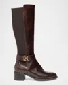 Nerogiardini Leather Stretch Buckle Knee Boots In Brown