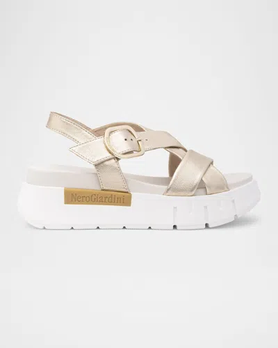 Nerogiardini Metallic Crisscross Wedge Platform Sandals In Gold