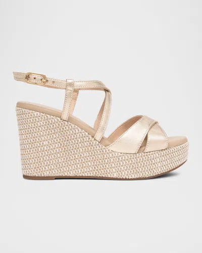 Nerogiardini Metallic Crisscross Wedge Platform Sandals In Light Gold