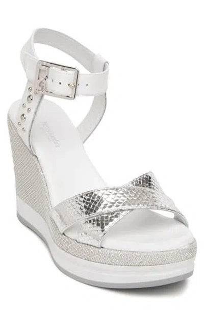 Nerogiardini Metallic Platform Wedge Sandal In White/ Silver