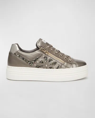 Nerogiardini Metallic Zip Cutout Glitter Sneakers In Brown