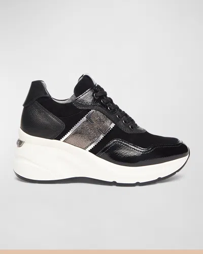 Nerogiardini Mixed Leather Wedge Fashion Sneakers In Black