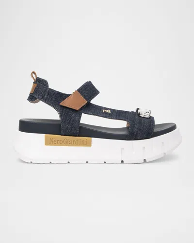 Nerogiardini Stone Embellished Denim And Leather Sandals In Blue Jeans/cognac