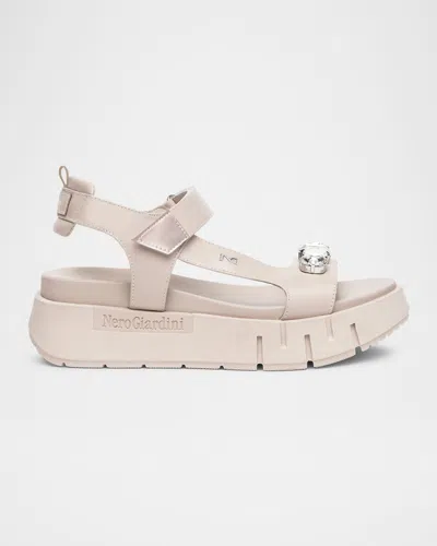 Nerogiardini Stone Embellished Leather Sandals In Natural