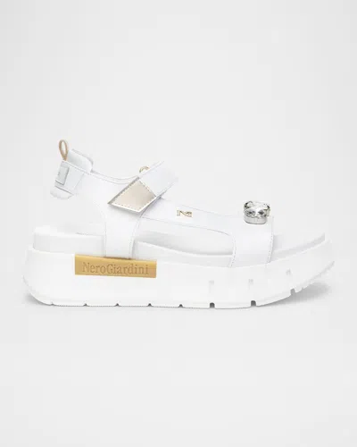 Nerogiardini Stone Embellished Leather Sandals In White