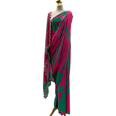 Nesavaali Women's Arya Pre-stitched Printed Sari - Ready To Wear In Green/pink/yellow
