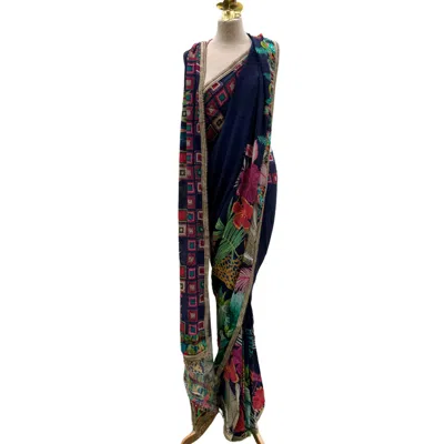 Nesavaali Women's Blue Lily Pre-stitched Printed Sari - Ready To Wear