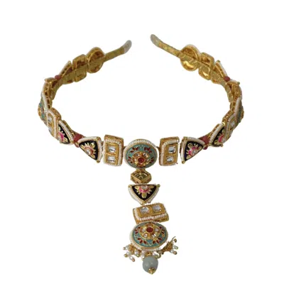 Nesavaali Women's Blue  Fusion Multi Enamel Hairband With Tikka For Weddings & Special Events