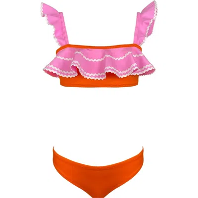 NESSI BYRD NESSI BYRD BANDEAU STRAP, RUFFLE RIC-RAC TRIM TWO PIECE BIKINI, LITTLE KID-BIG KID