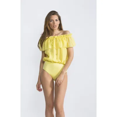 Nessi Byrd Bardot-style Textured Off-the-shoulder Ruffled One-piece Swimsuit In Yellow