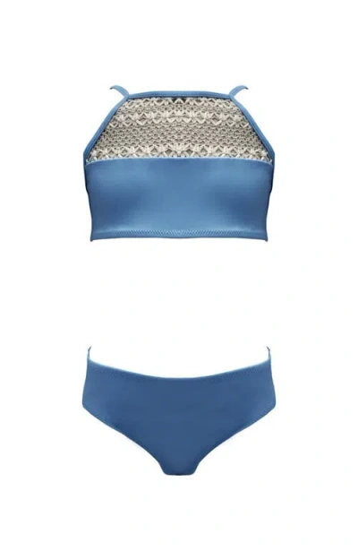 Nessi Byrd Boho-chic Crochet Yoke High Neck Two Piece Bikini, Big Kid In Blue