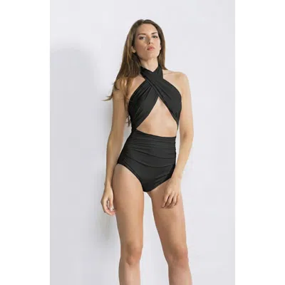 Nessi Byrd Cross-front Cutout Ruched High-waist One-piece Swimsuit In Black