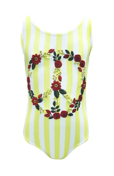 Nessi Byrd Floral Embroidered Peace Sign Striped One-piece Swimsuit, Toddler, Little Kid & Big Kid In Yellow