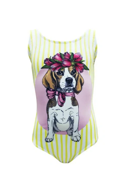 Nessi Byrd Flower Crown Beagle Graphic Striped One Piece Swimsuit, Toddler, Little Kid & Big Kid In Green