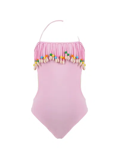 Nessi Byrd Kids' Gabriella Beaded Fringed Swimsuit In Pink